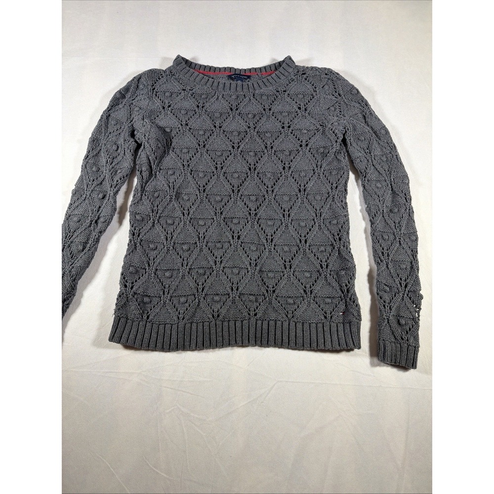 Tommy Hilfiger Gray Womens S Open Knit Diamond Crochet Sweater Preppy Pullover